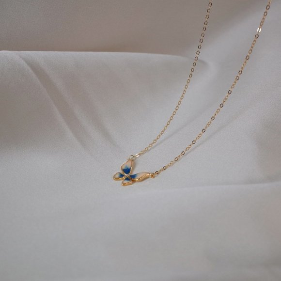 NEW Silver Gold Butterfly Blue Drop Glaze Necklace - Picture 5 of 8